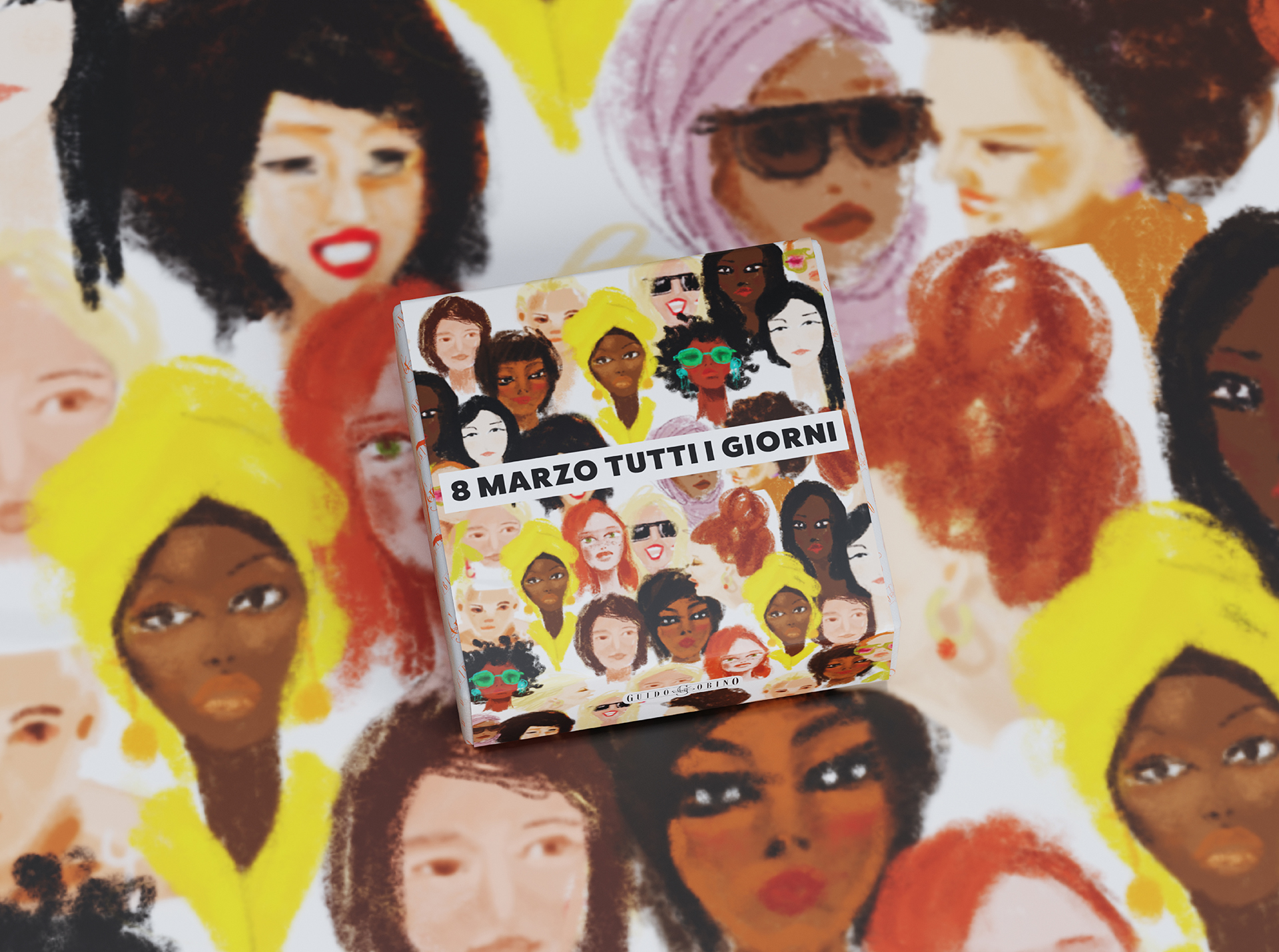 Packaging Donna 2025 su fondale illustrato con volti femminili