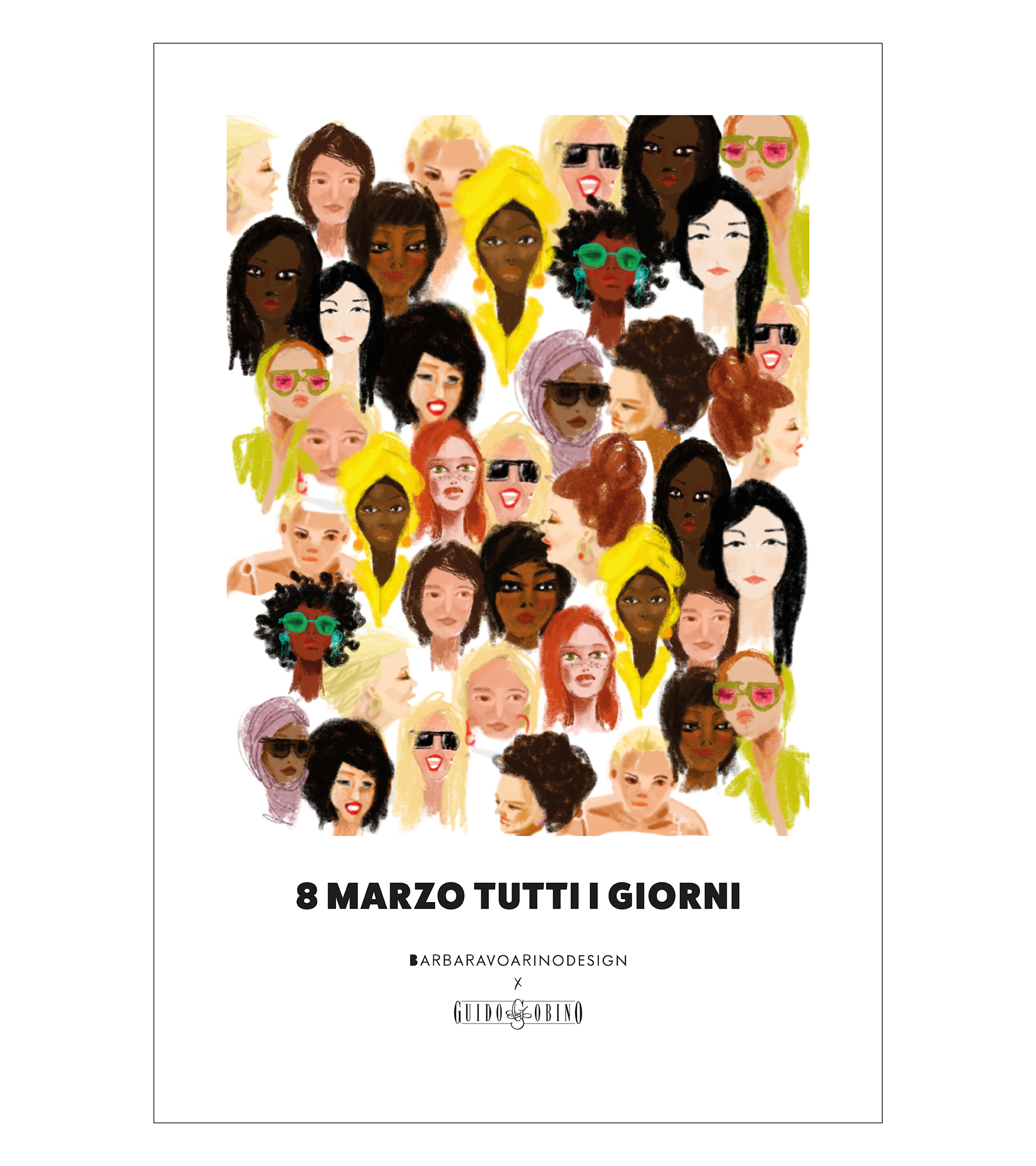 Manifesto illustrato con ritratti femminili e claim 8 marzo tutti i giorni