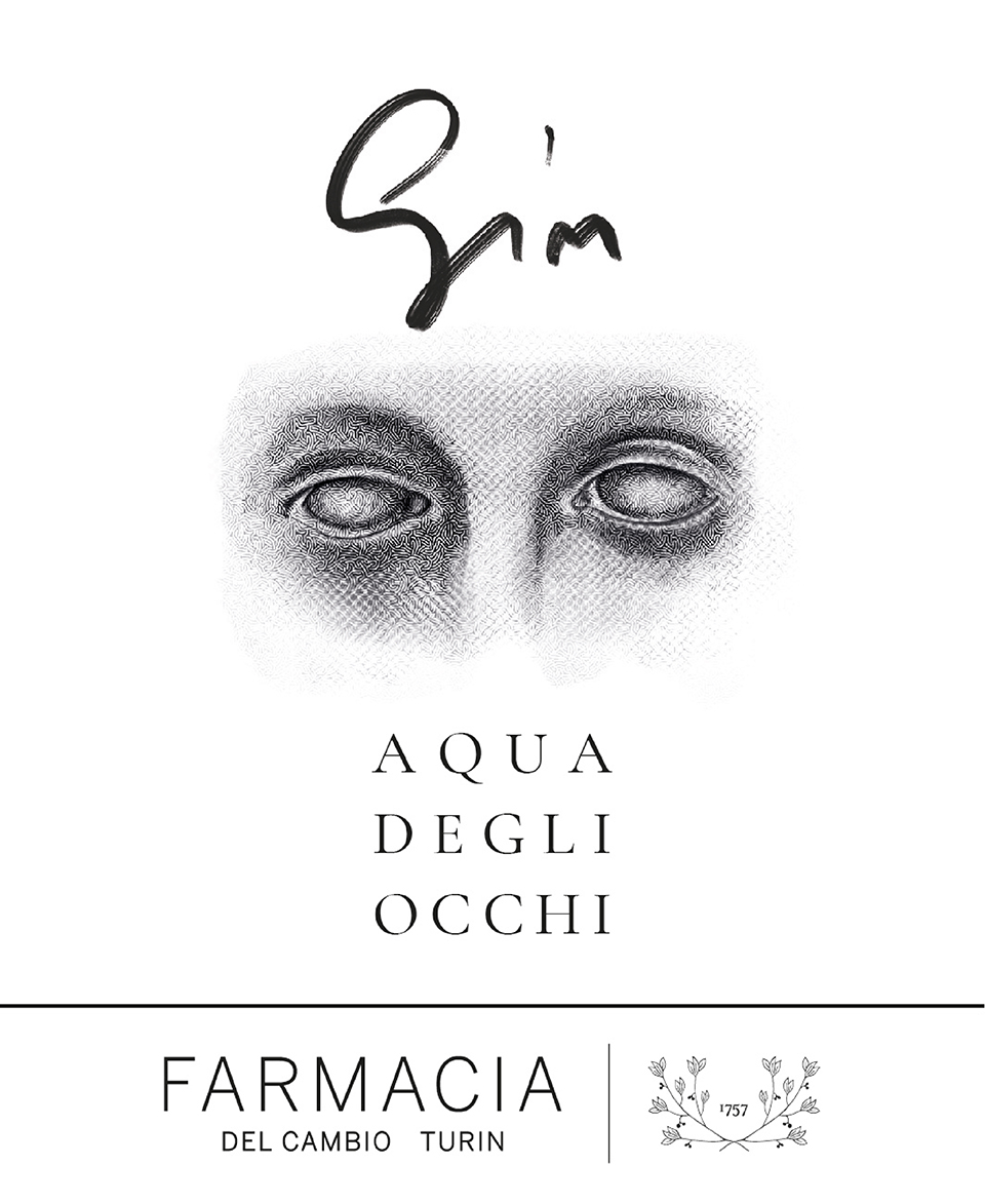 Label design illustrato per Gin Aqua degli Occhi Farmacia Del Cambio