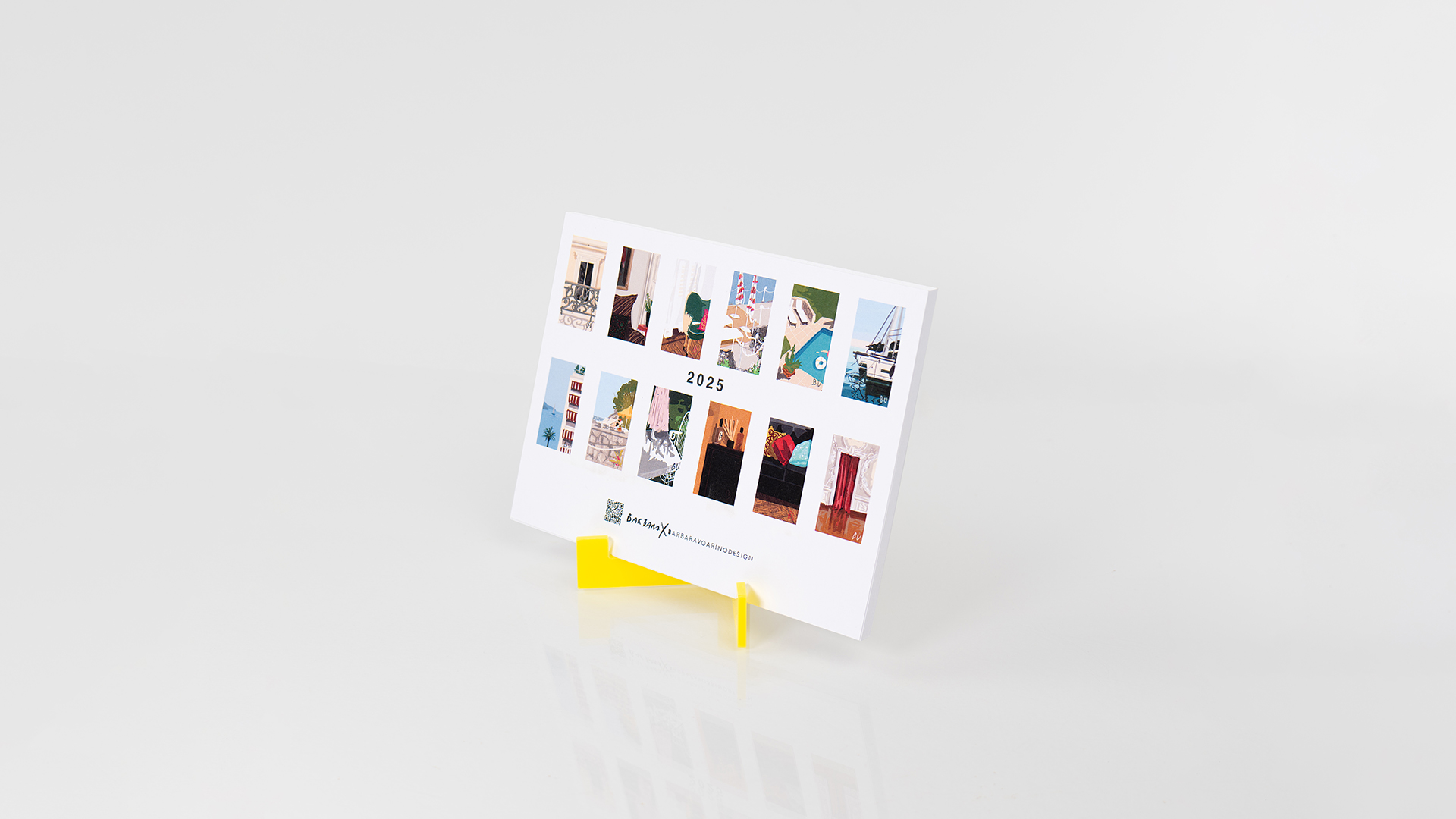 Calendario da tavolo 2025 su supporto in plexiglass giallo montato