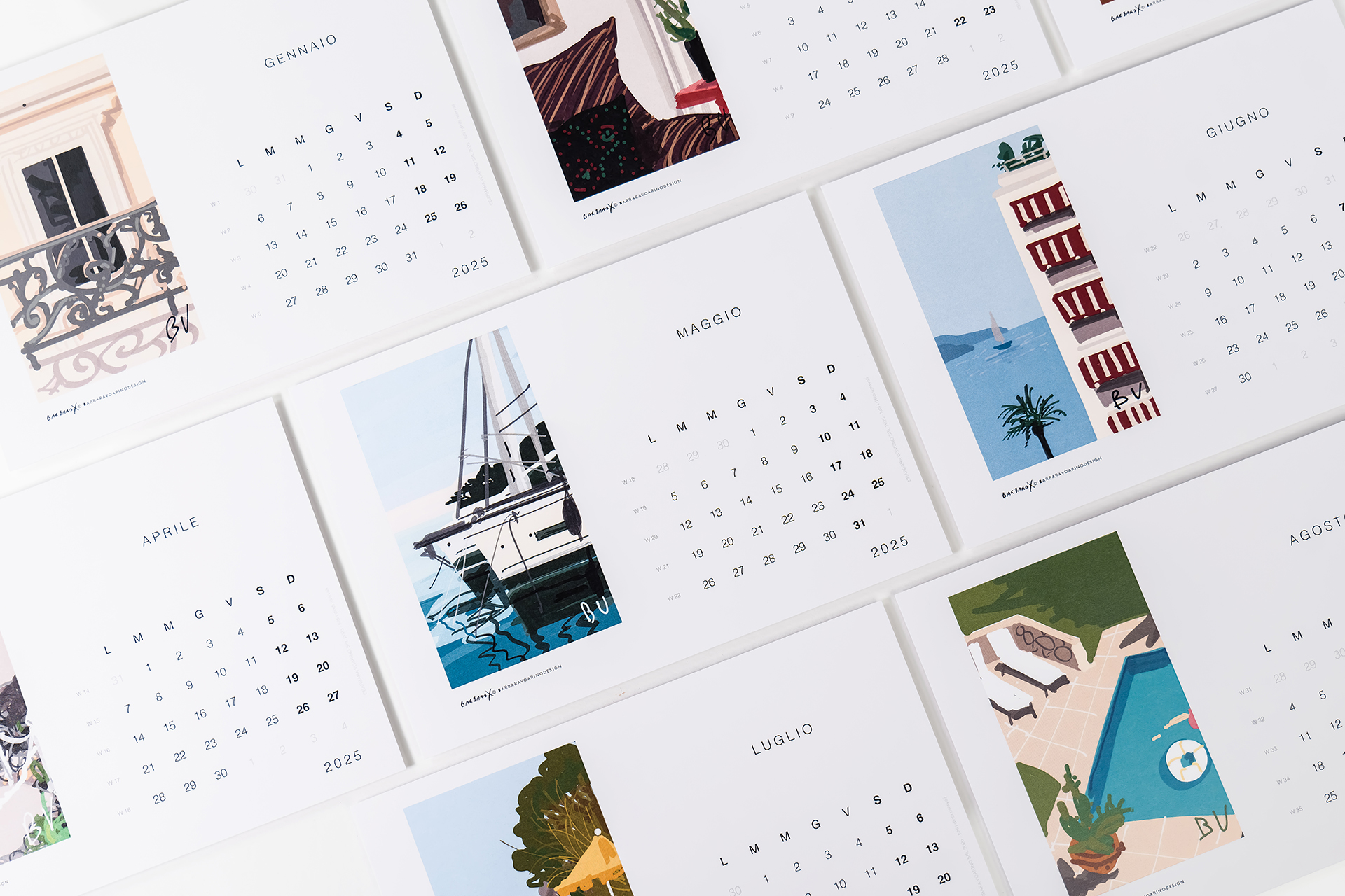 Schede mensili del calendario 2025 con illustrazioni digitali a colori