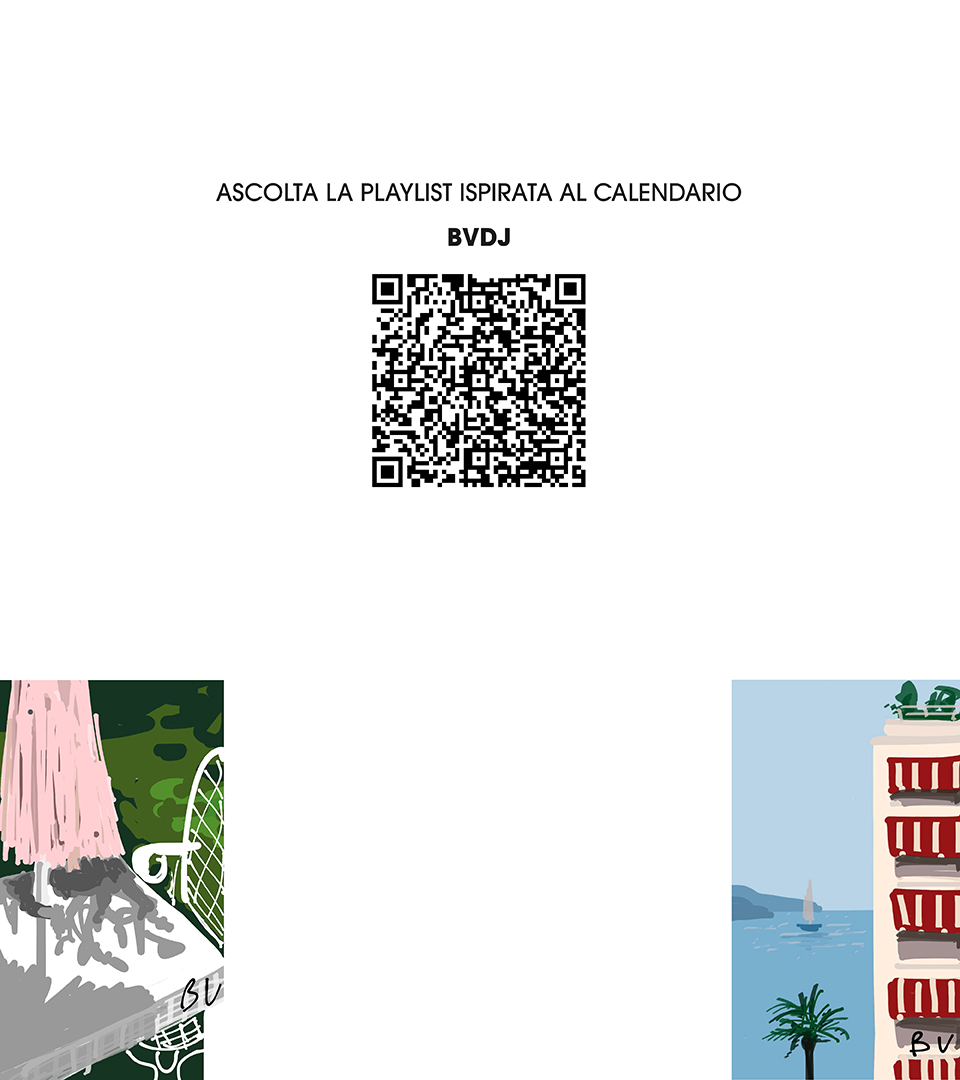 Dettaglio QR code per playlist dedicata e illustrazioni del calendario 2025