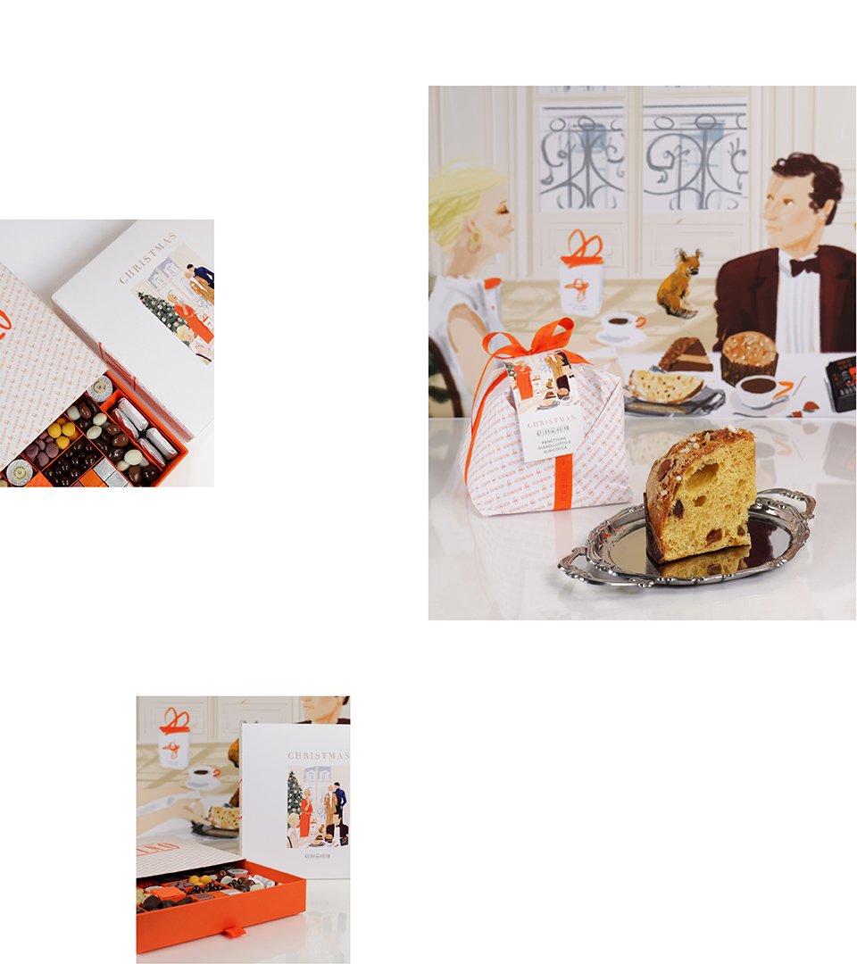 Panettone natalizio con confezione Christmas Collection 2024 in ambientazione illustrata