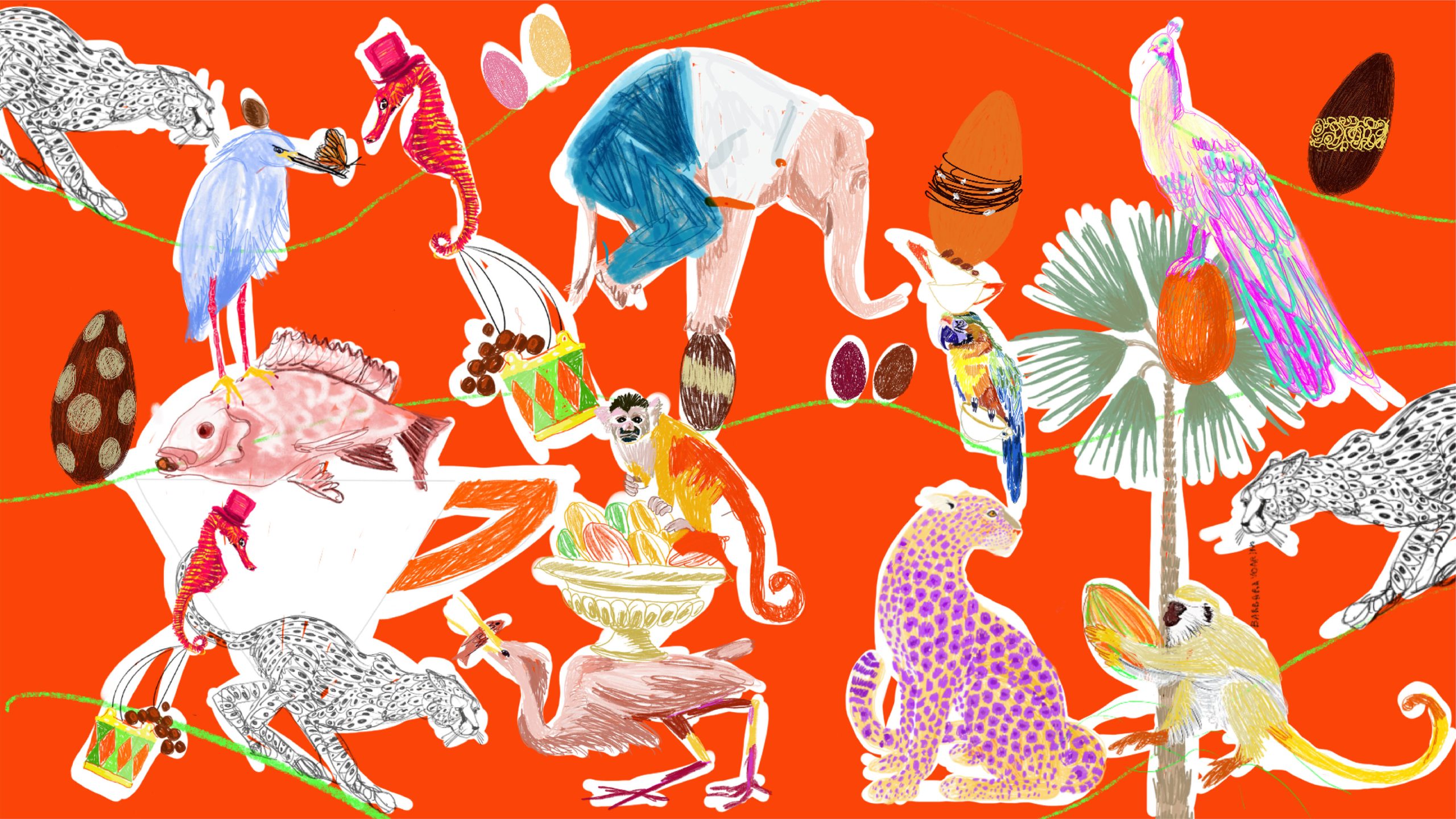 Pattern illustrato “Foresta delle Meraviglie” con animali e richiami al cacao