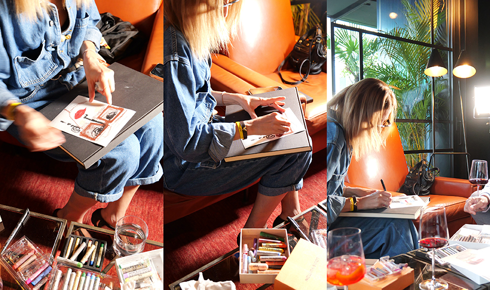 Performance di live drawing su tela con coinvolgimento diretto del pubblico aziendale