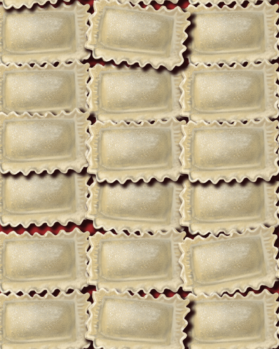 Dettaglio pattern ravioli in trompe-l’œil con texture materica realistica