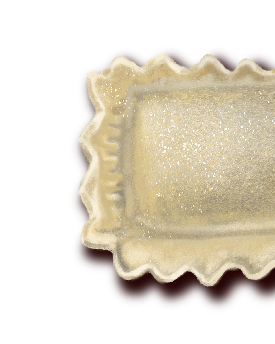 Macro illustrazione raviolo DE.CO. con texture realistica e bordo dentellato