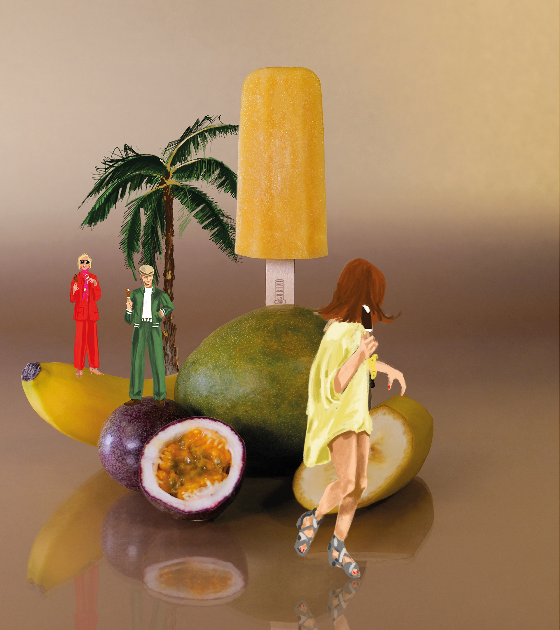 Stik Guido Gobino in atollo immaginario tra frutta e personaggi illustrati