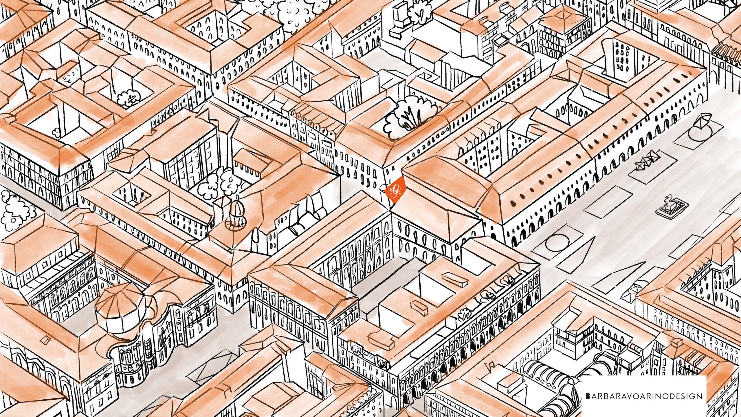 Illustrazione assonometrica di Torino per concept packaging Guido Gobino