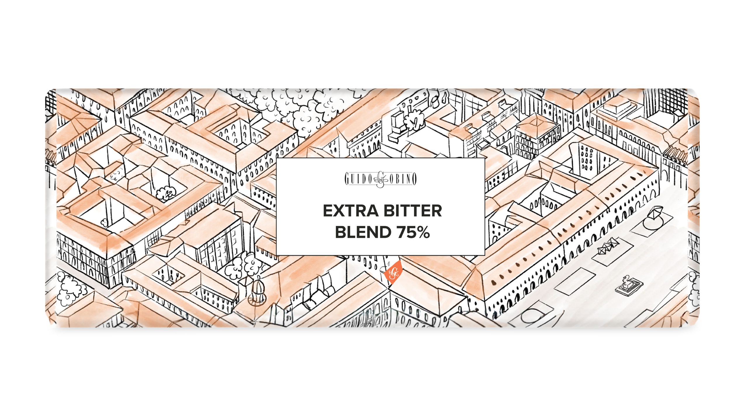 Packaging tavoletta con illustrazione di Torino e label prodotto centrale