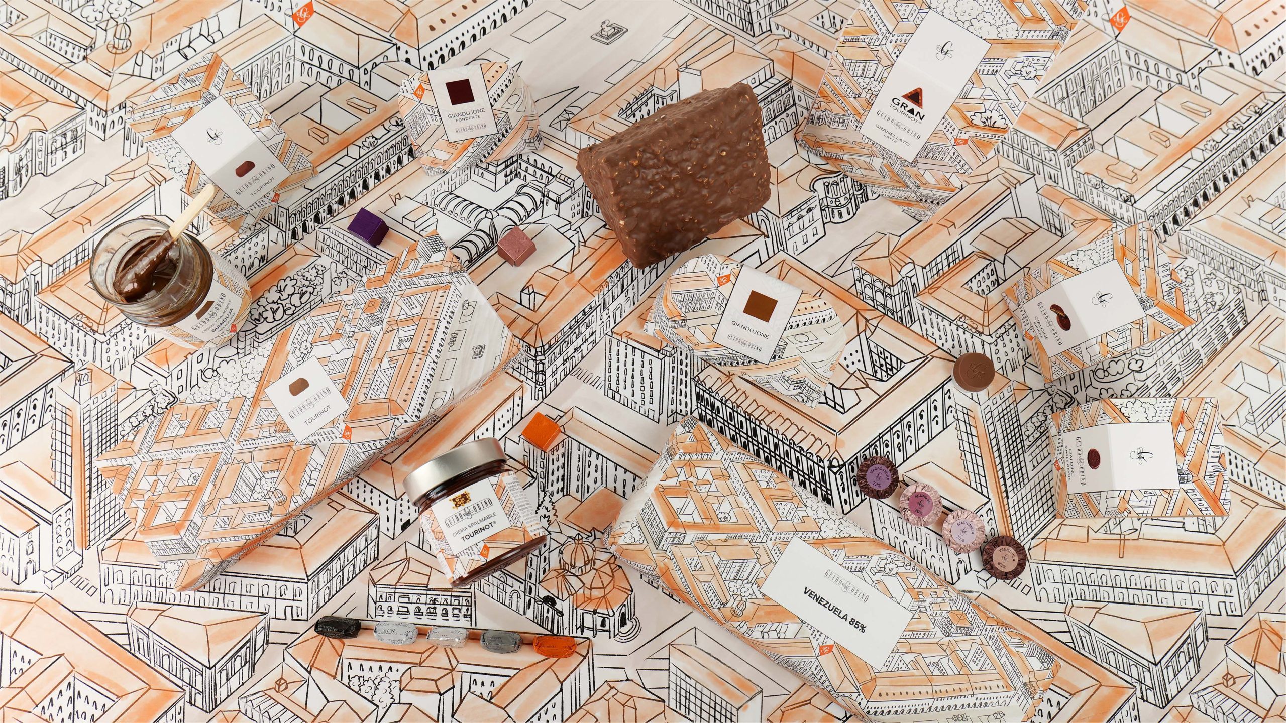Still life prodotti Gobino su pattern illustrato ispirato alla città di Torino