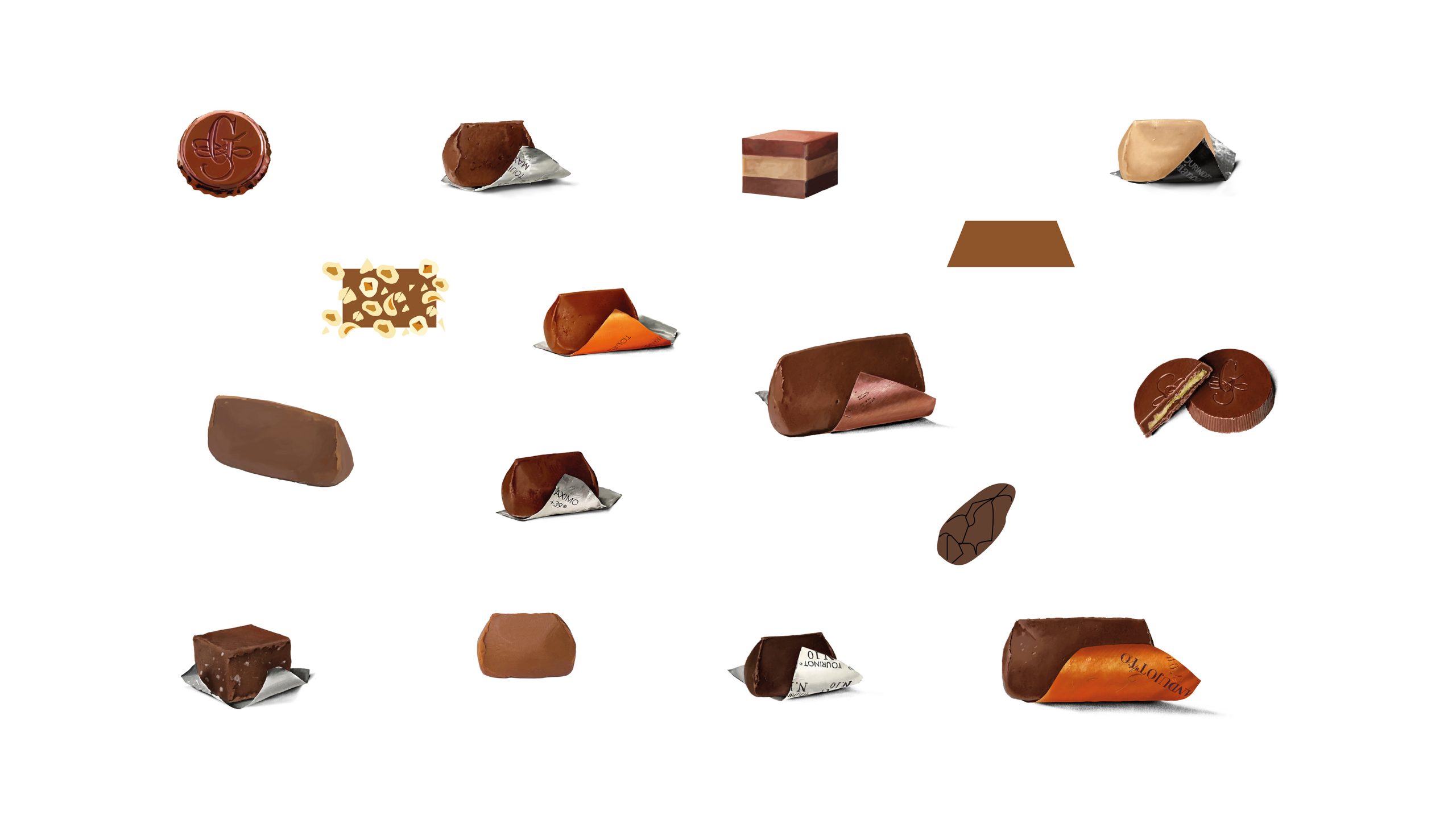 Iconografia assortita di praline e referenze cioccolato Guido Gobino