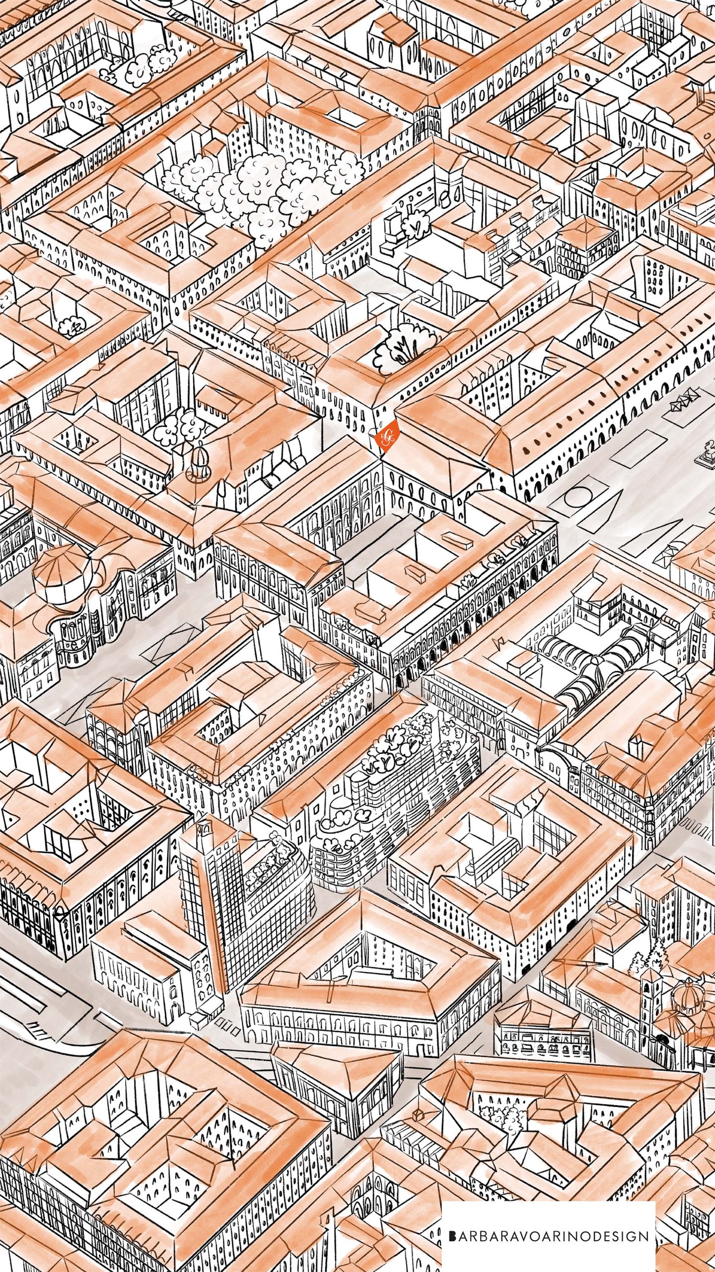 Illustrazione assonometrica di Torino per concept packaging Guido Gobino vista mobile