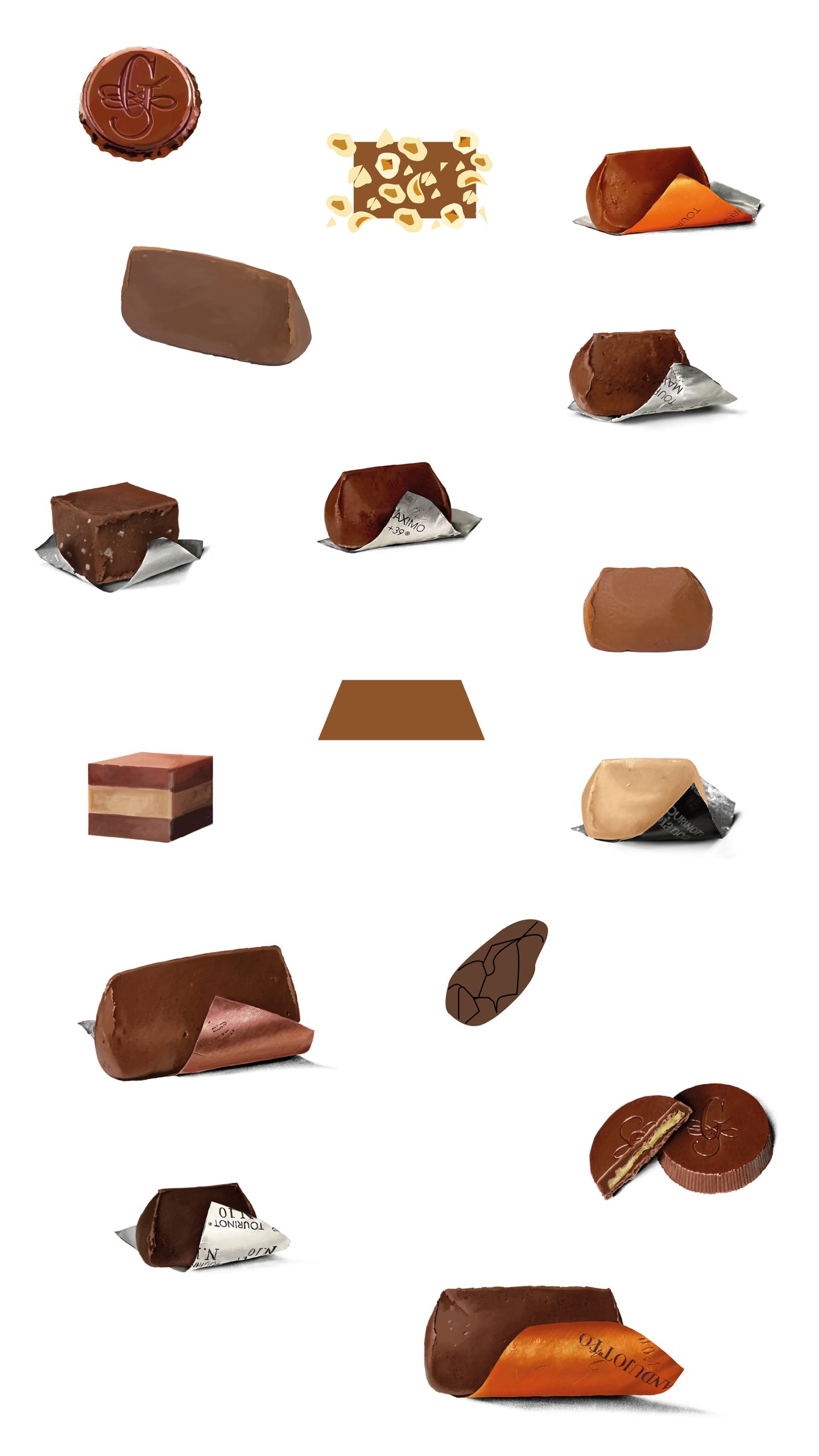 Iconografia assortita di praline e referenze cioccolato Guido Gobino vista mobile