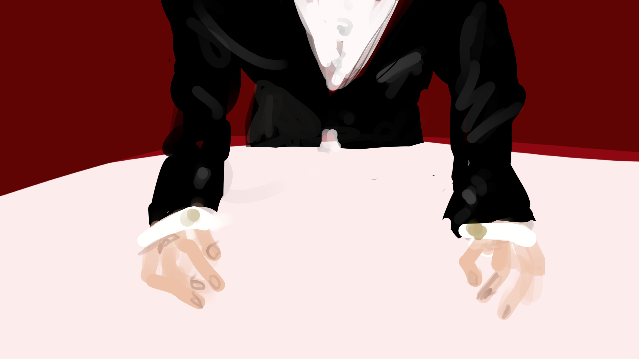 Illustrazione raffigurante una figura elegante con giacca nera e polsini bianchi, le mani appoggiate su un piano chiaro, su sfondo rosso