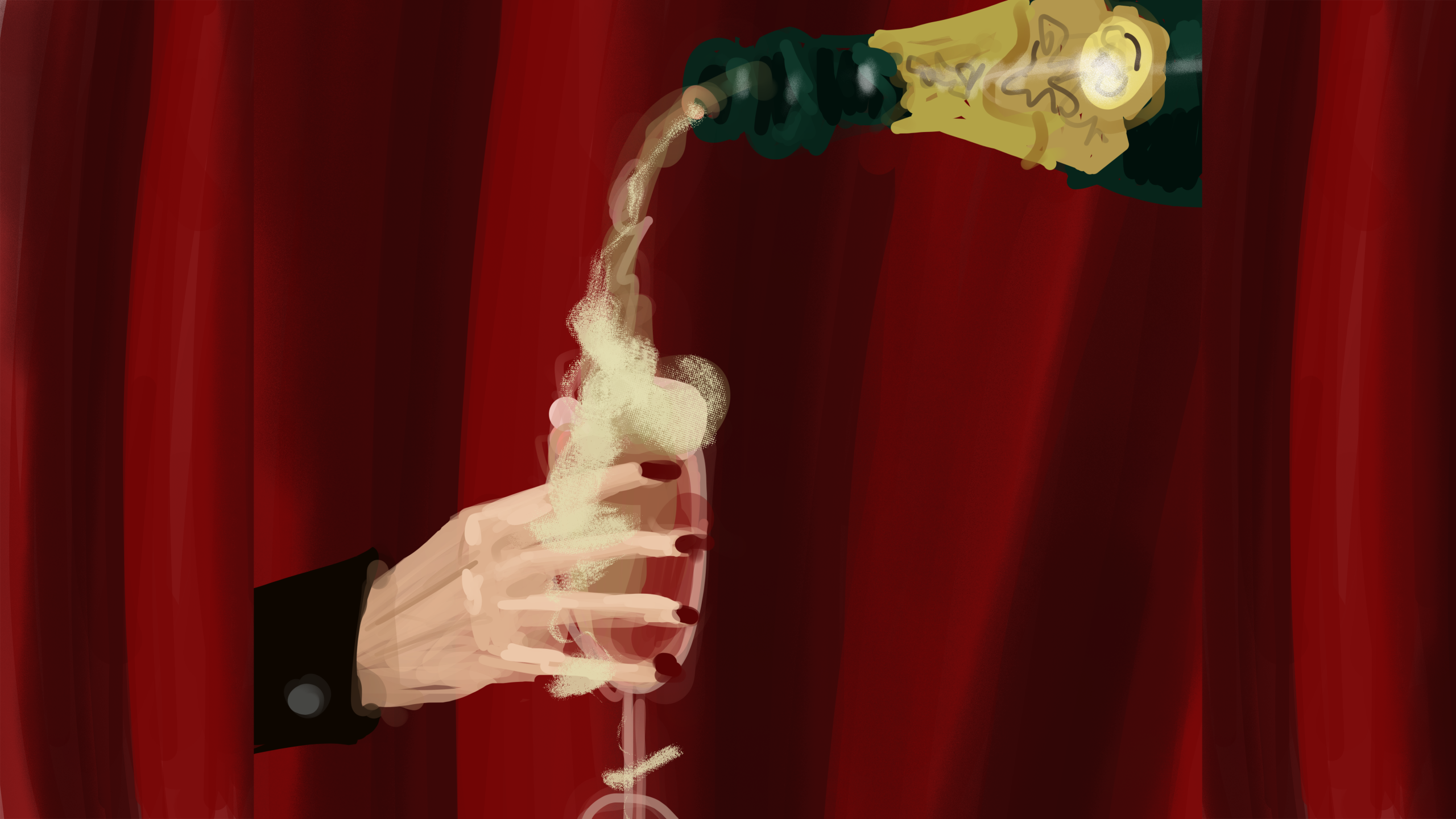 Illustrazione di una mano che versa champagne in un flûte davanti a un fondale rosso, parte di un progetto di illustrazione e comunicazione visiva legato all’immaginario della convivialità e del lusso.