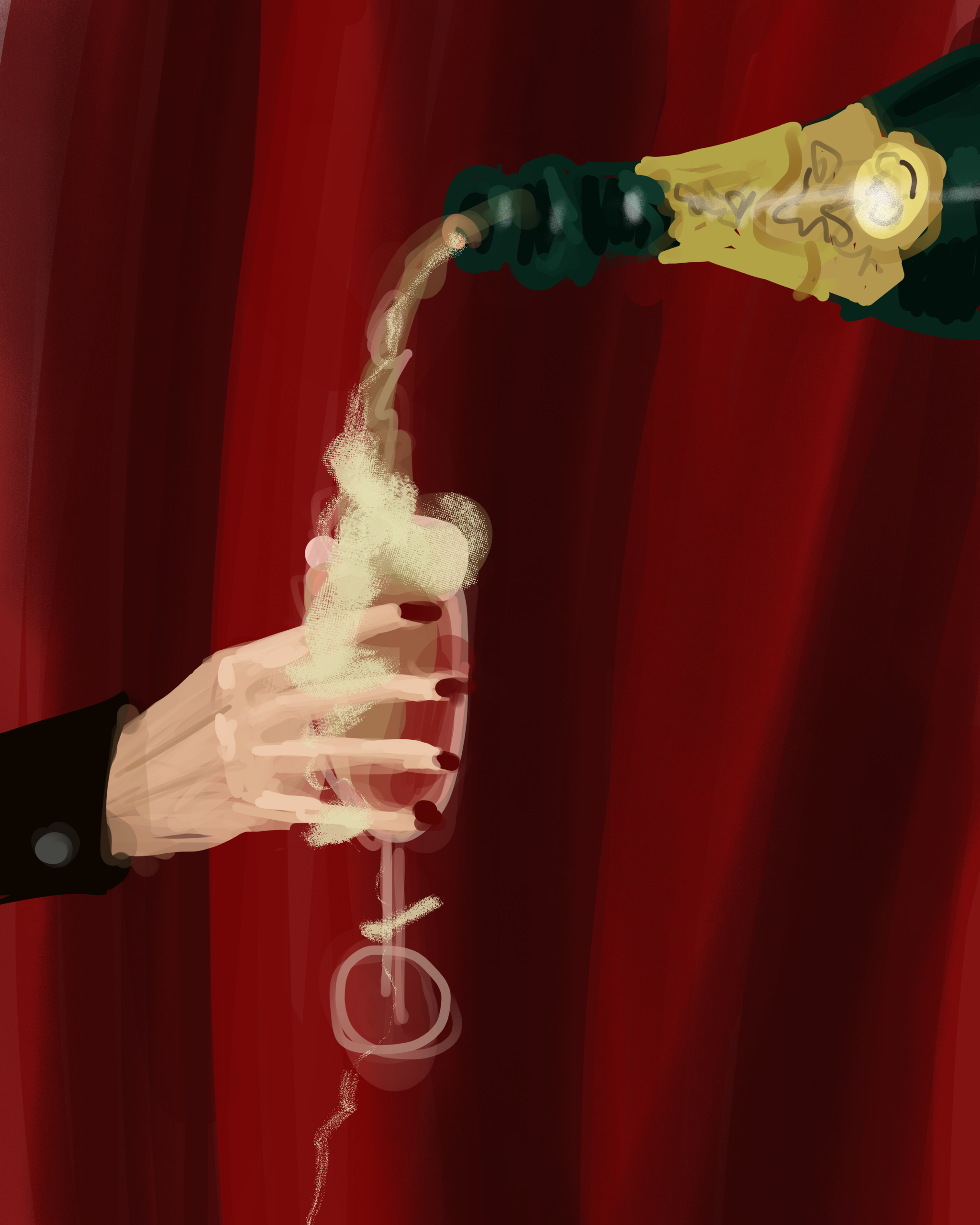 Illustrazione di una mano che versa champagne in un flûte davanti a un fondale rosso, parte di un progetto di illustrazione e comunicazione visiva legato all’immaginario della convivialità e del lusso.