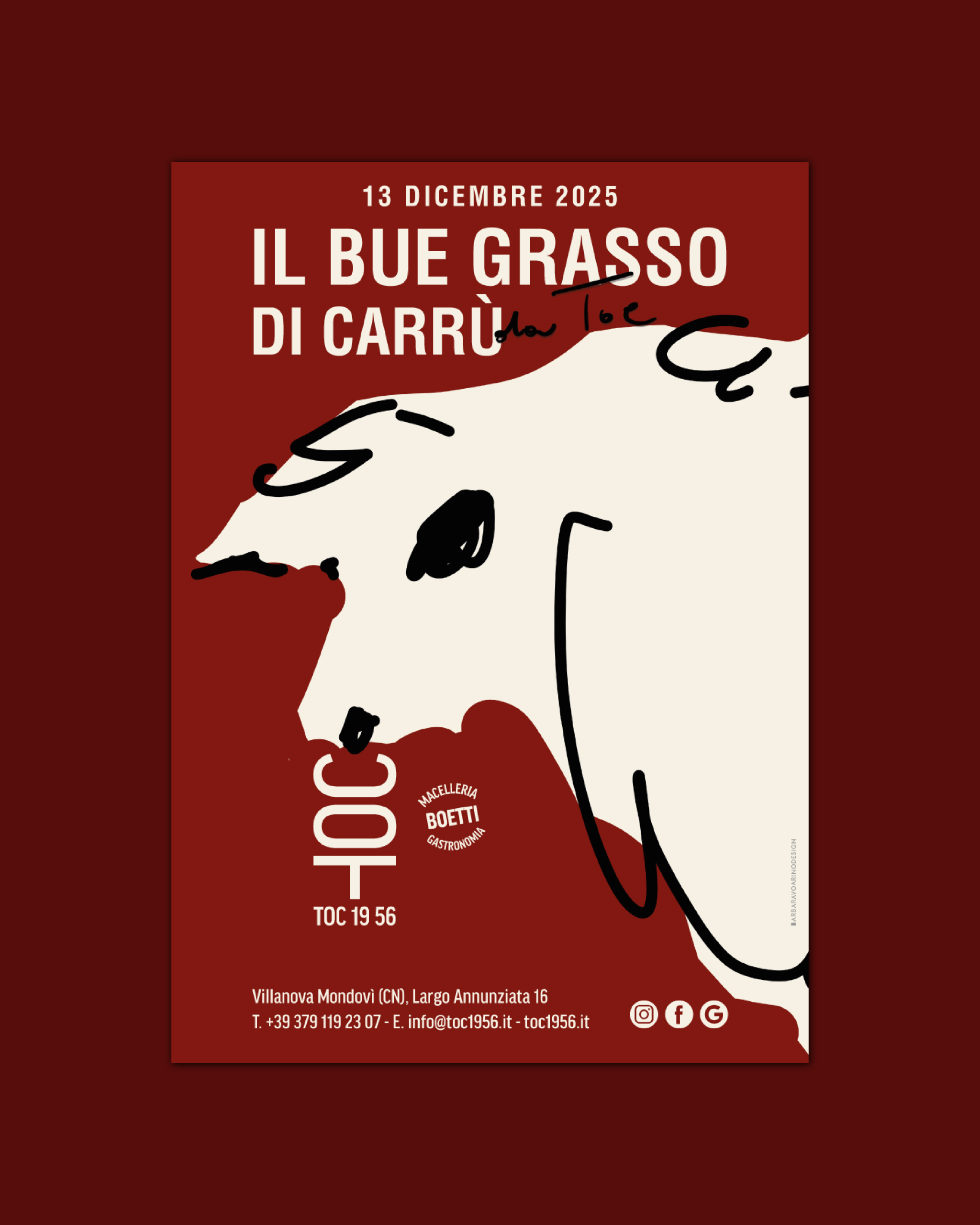 Locandina illustrata per l’evento “Il bue grasso di Carrù” 2025: illustrazione originale di un bue stilizzato su sfondo rosso, progetto di comunicazione visiva che unisce illustrazione, menu design e identità grafica per il settore gastronomico.