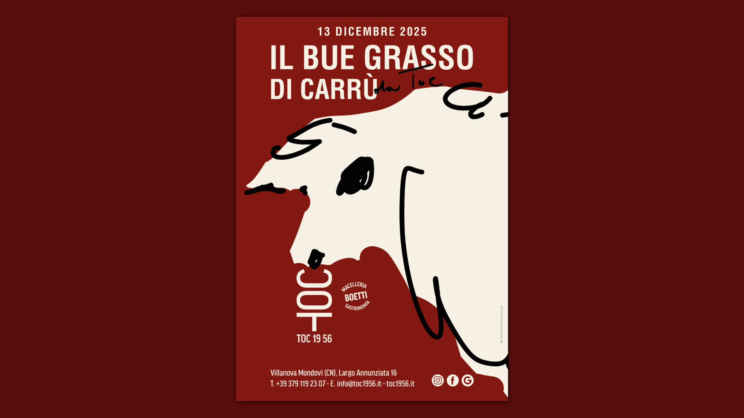 Locandina illustrata per l’evento “Il bue grasso di Carrù” 2025: illustrazione originale di un bue stilizzato su sfondo rosso, progetto di comunicazione visiva che unisce illustrazione, menu design e identità grafica per il settore gastronomico.