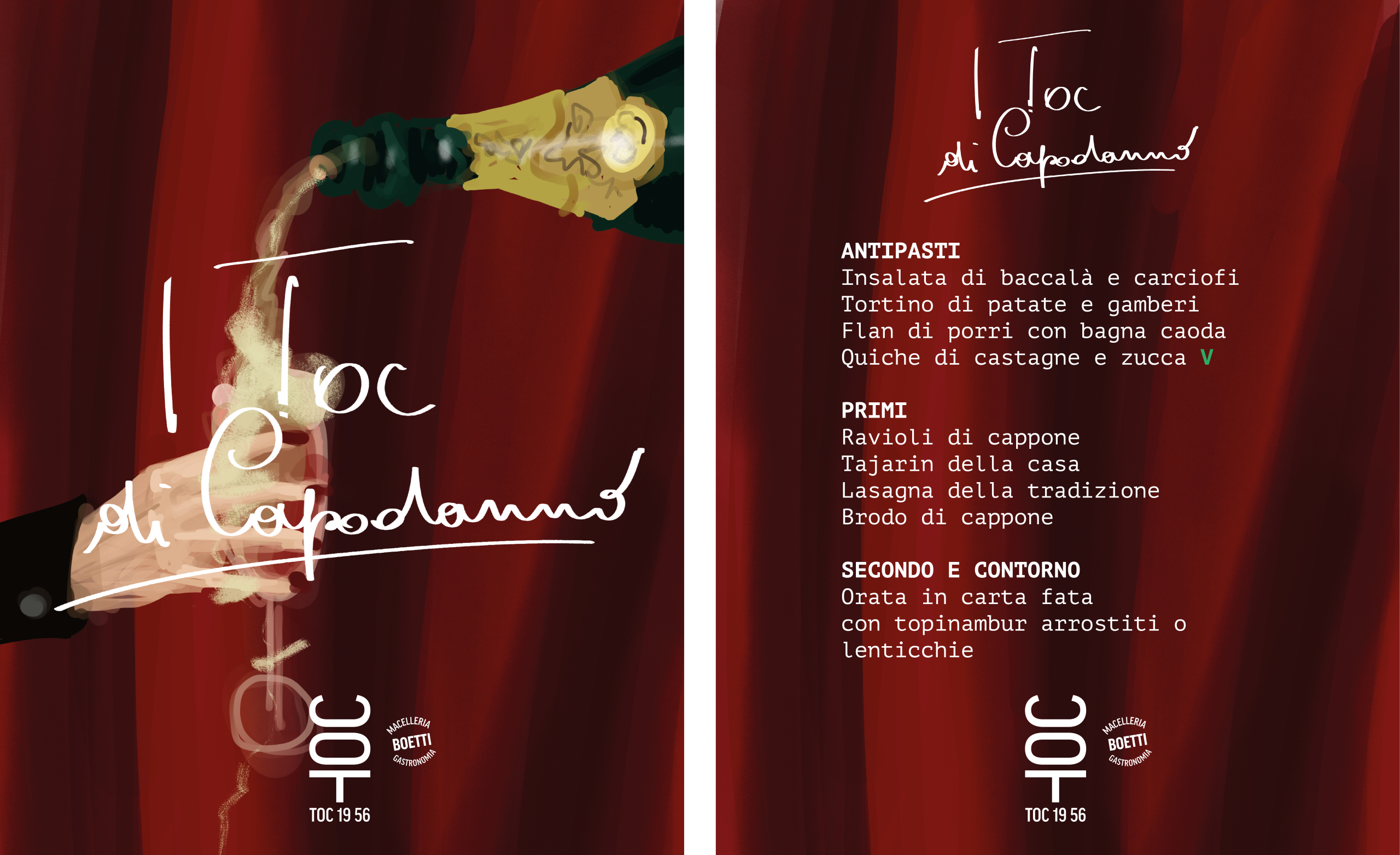 Menu illustrato per il “Toc di Capodanno”: illustrazione di una mano che versa champagne su sfondo rosso e layout tipografico con la proposta gastronomica, parte di un progetto di illustrazione, menu design e comunicazione visiva.