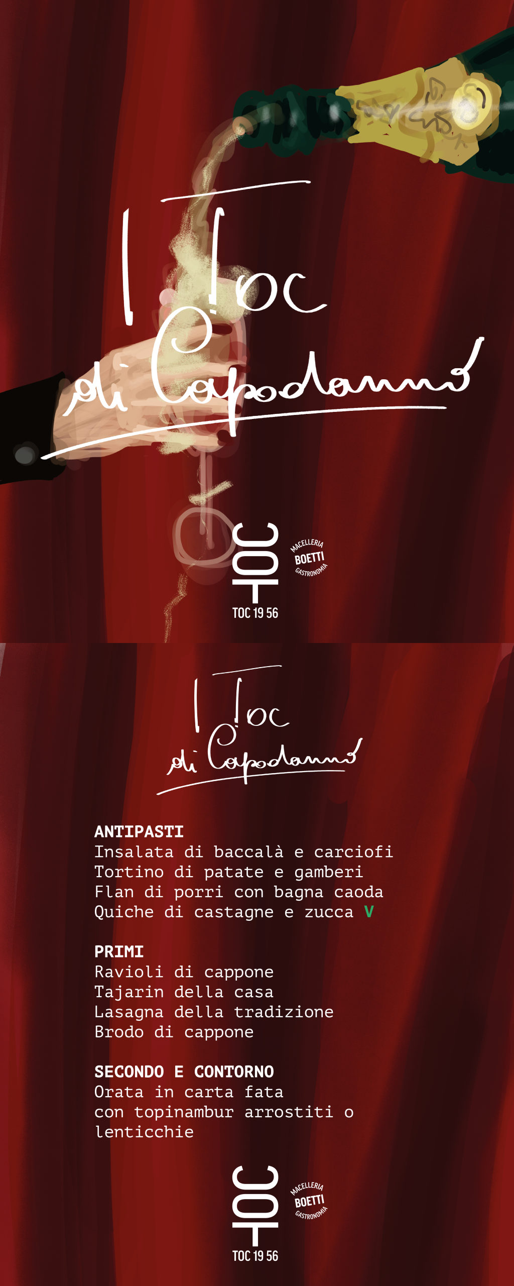 Menu illustrato per il “Toc di Capodanno”: illustrazione di una mano che versa champagne su sfondo rosso e layout tipografico con la proposta gastronomica, parte di un progetto di illustrazione, menu design e comunicazione visiva.