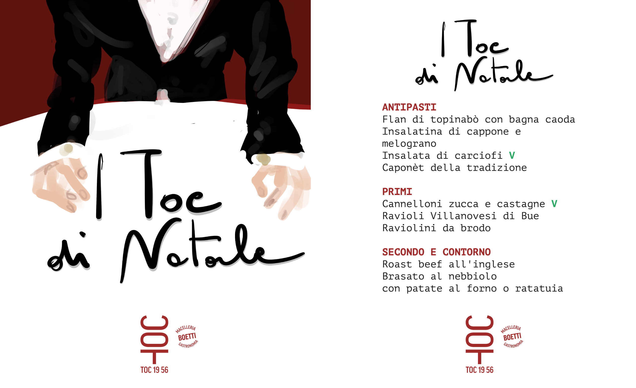 Menu illustrato per “Il Toc di Natale”: illustrazione di mani appoggiate a un tavolo su sfondo rosso e layout tipografico con la proposta gastronomica, parte di un progetto di illustrazione, menu design e comunicazione visiva.