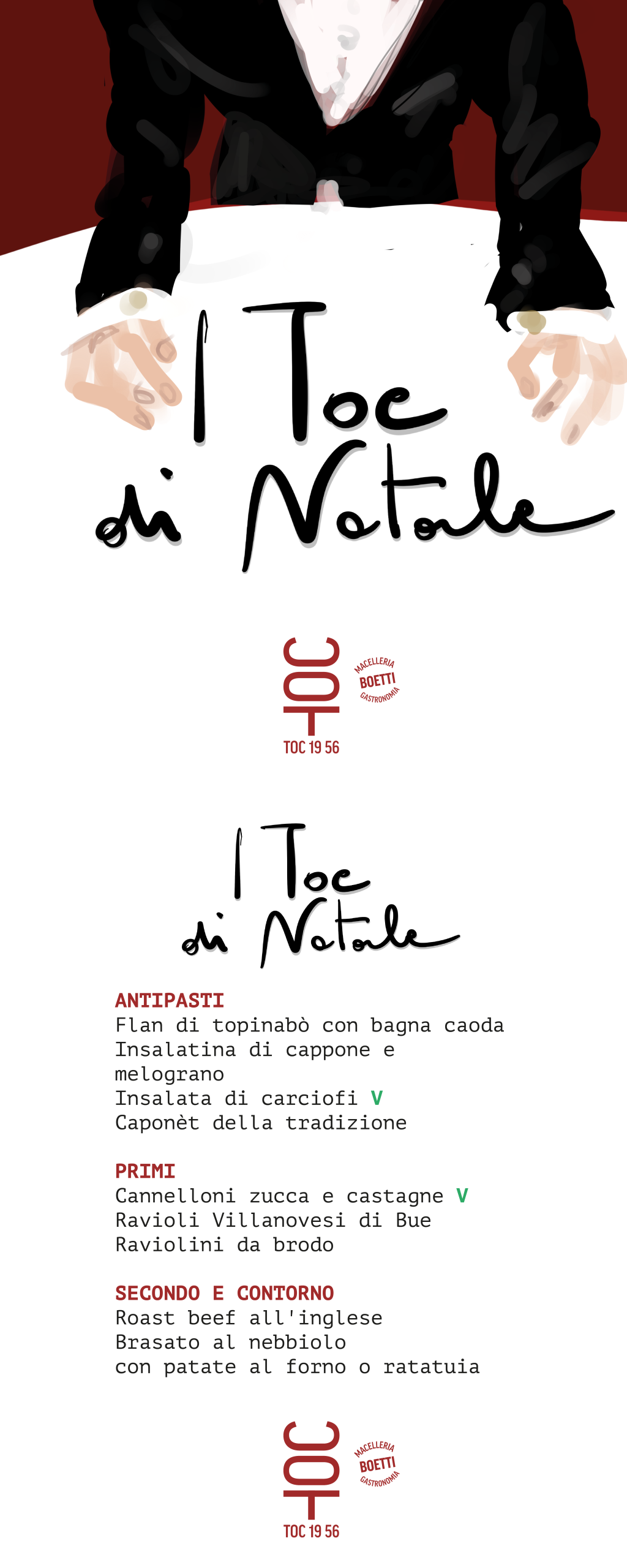 Menu illustrato per “Il Toc di Natale”: illustrazione di mani appoggiate a un tavolo su sfondo rosso e layout tipografico con la proposta gastronomica, parte di un progetto di illustrazione, menu design e comunicazione visiva.