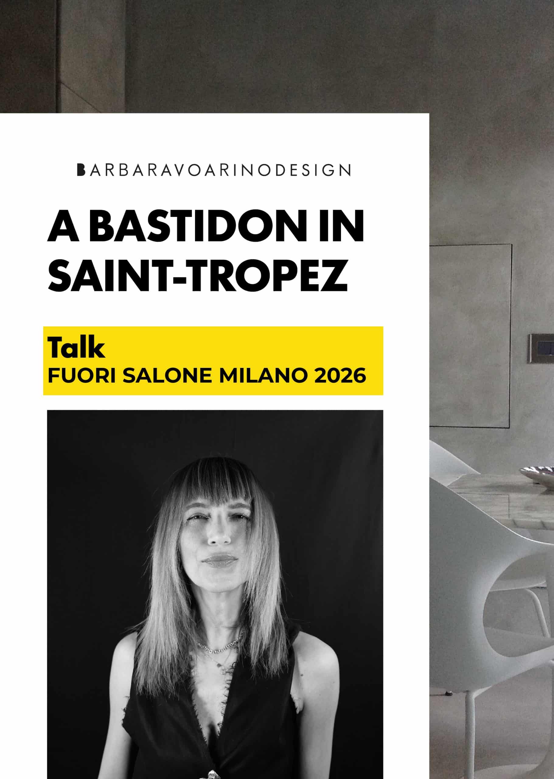 Locandina talk di interior design al Fuorisalone Milano 2026 con ambientazione minimal-vista mobile