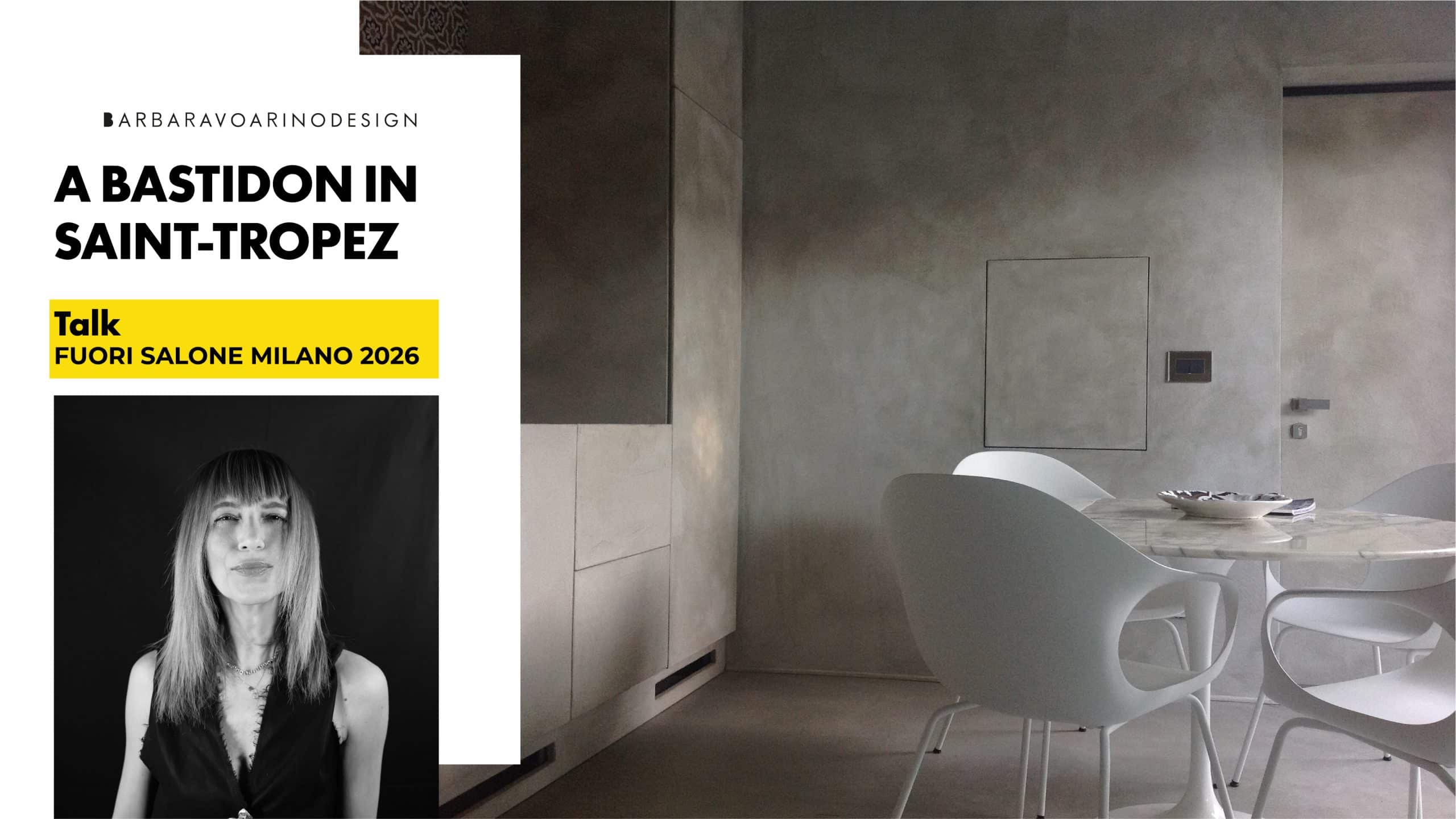 Locandina talk di interior design al Fuorisalone Milano 2026 con ambientazione minimal.