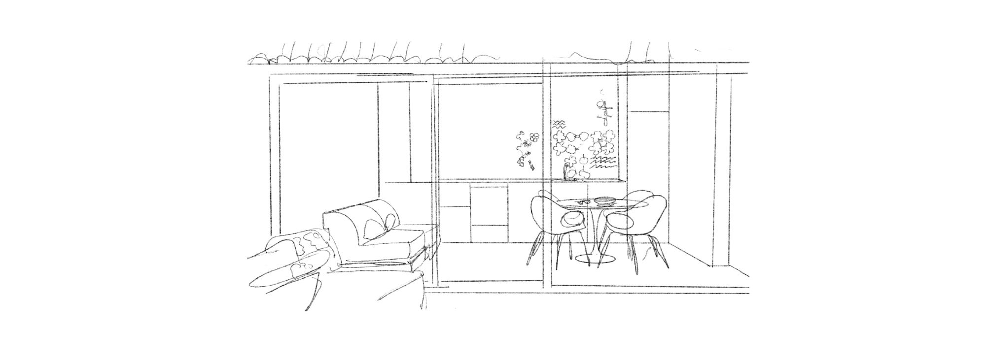 Schizzo progettuale di terrazza coperta con zona dining e soggiorno minimal contemporaneo - vista mobile