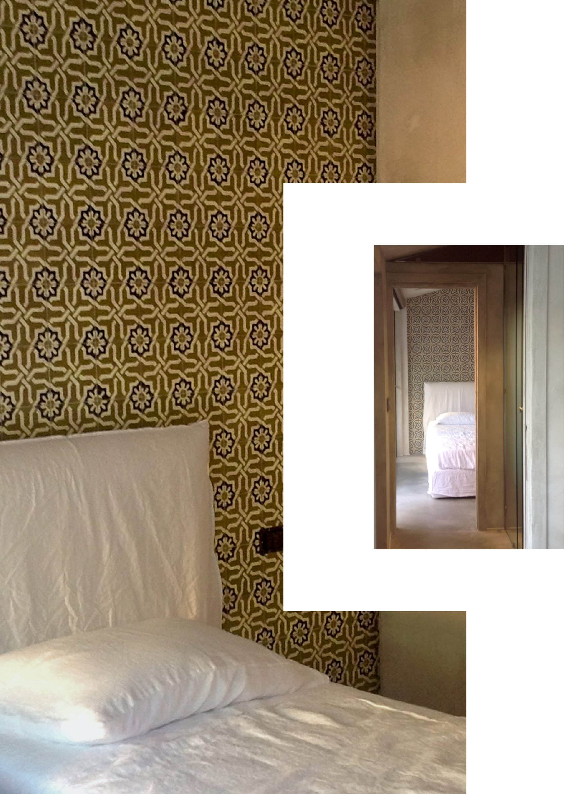 Camera da letto con parete decorativa a pattern geometrico e atmosfera calda contemporanea - vista mobile