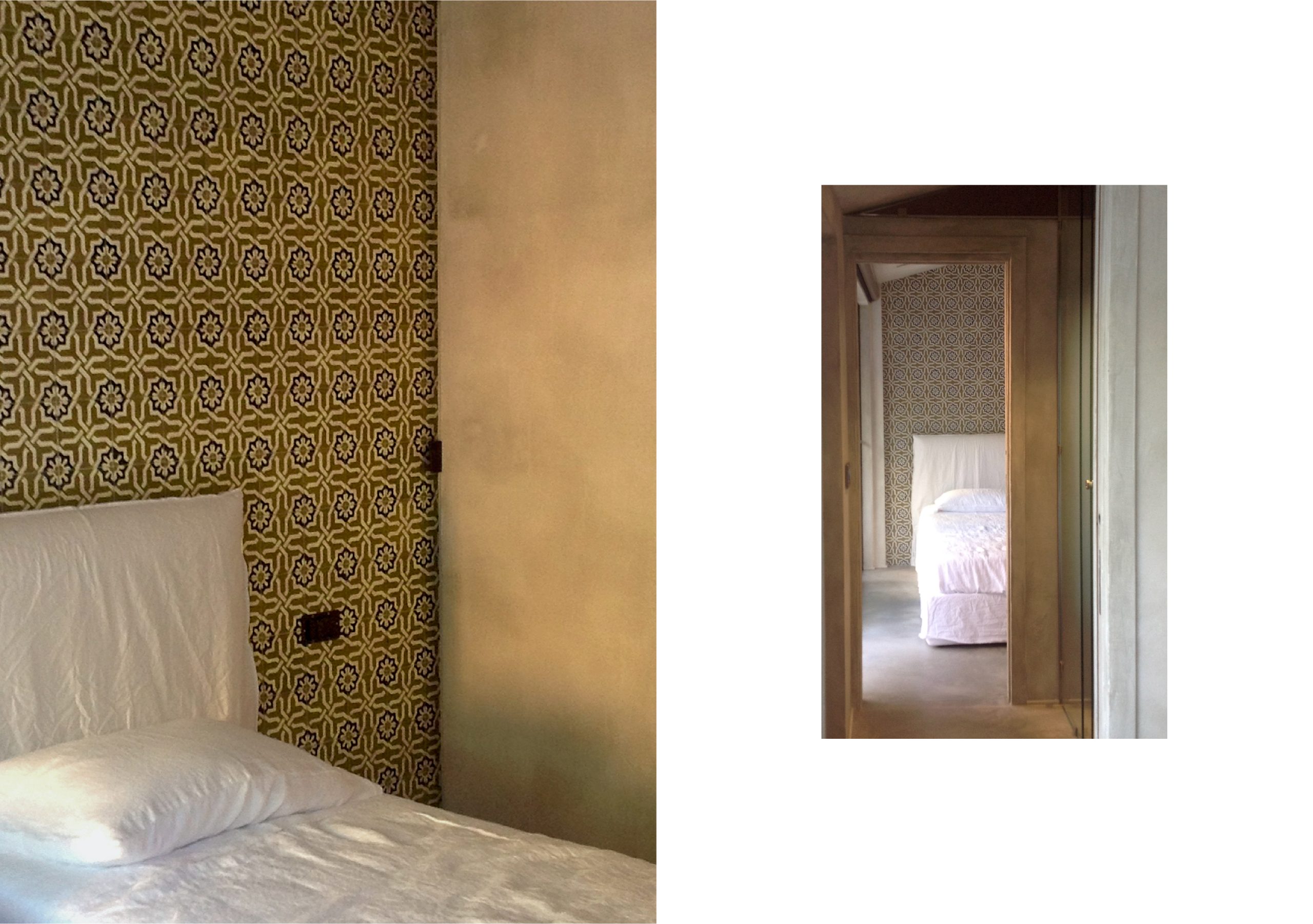 Camera da letto con parete decorativa a pattern geometrico e atmosfera calda contemporanea.