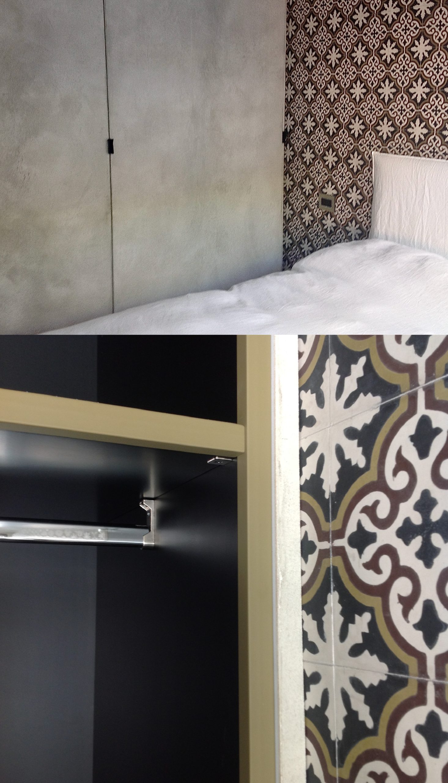 Composizione di dettagli della camera da letto con parete grigia, letto bianco, vano armadio scuro e piastrelle decorative.