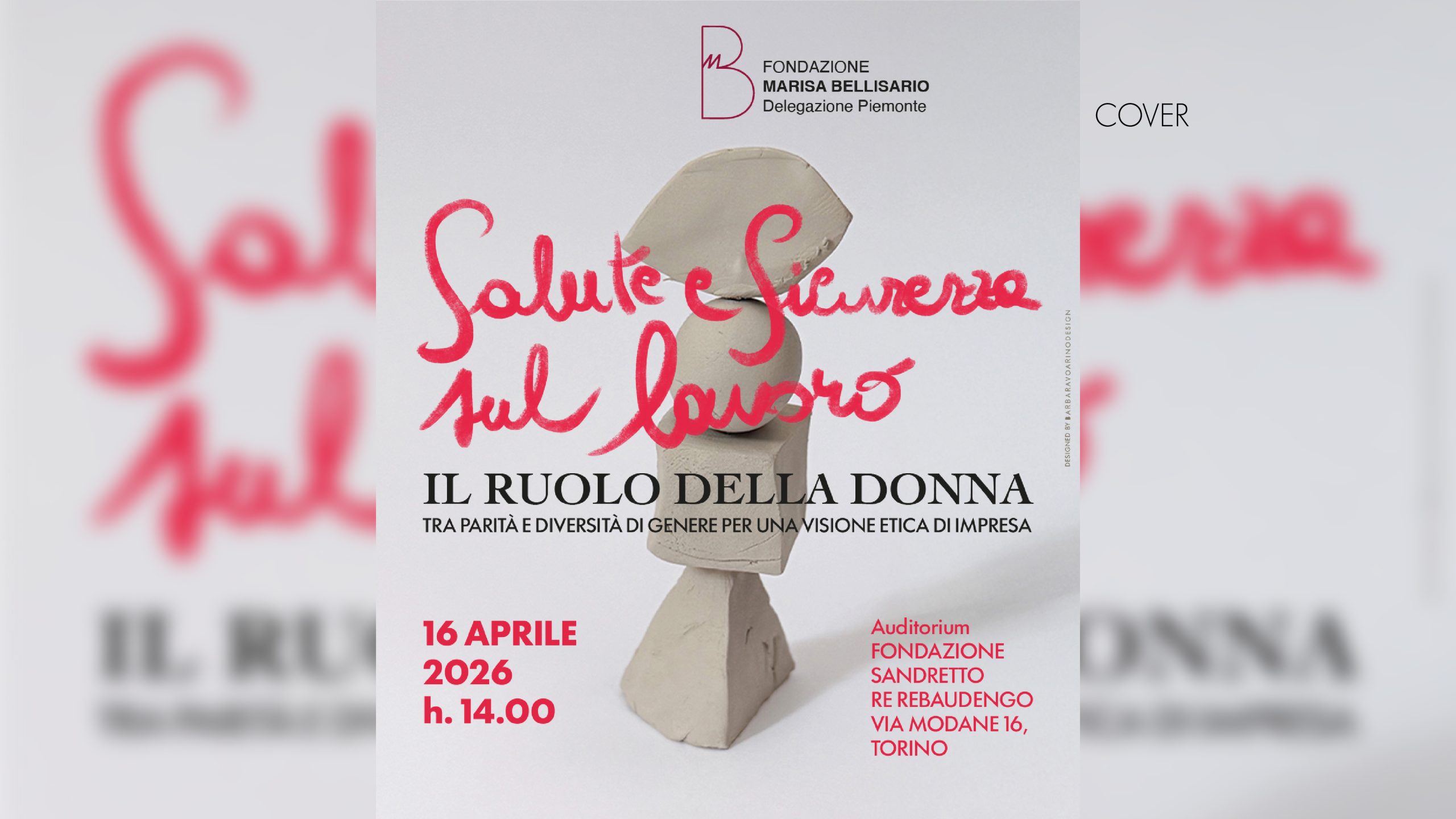 Cover del convegno Salute e Sicurezza sul Lavoro con scultura in argilla, logo Fondazione Marisa Bellisario e scritta calligrafica rossa.