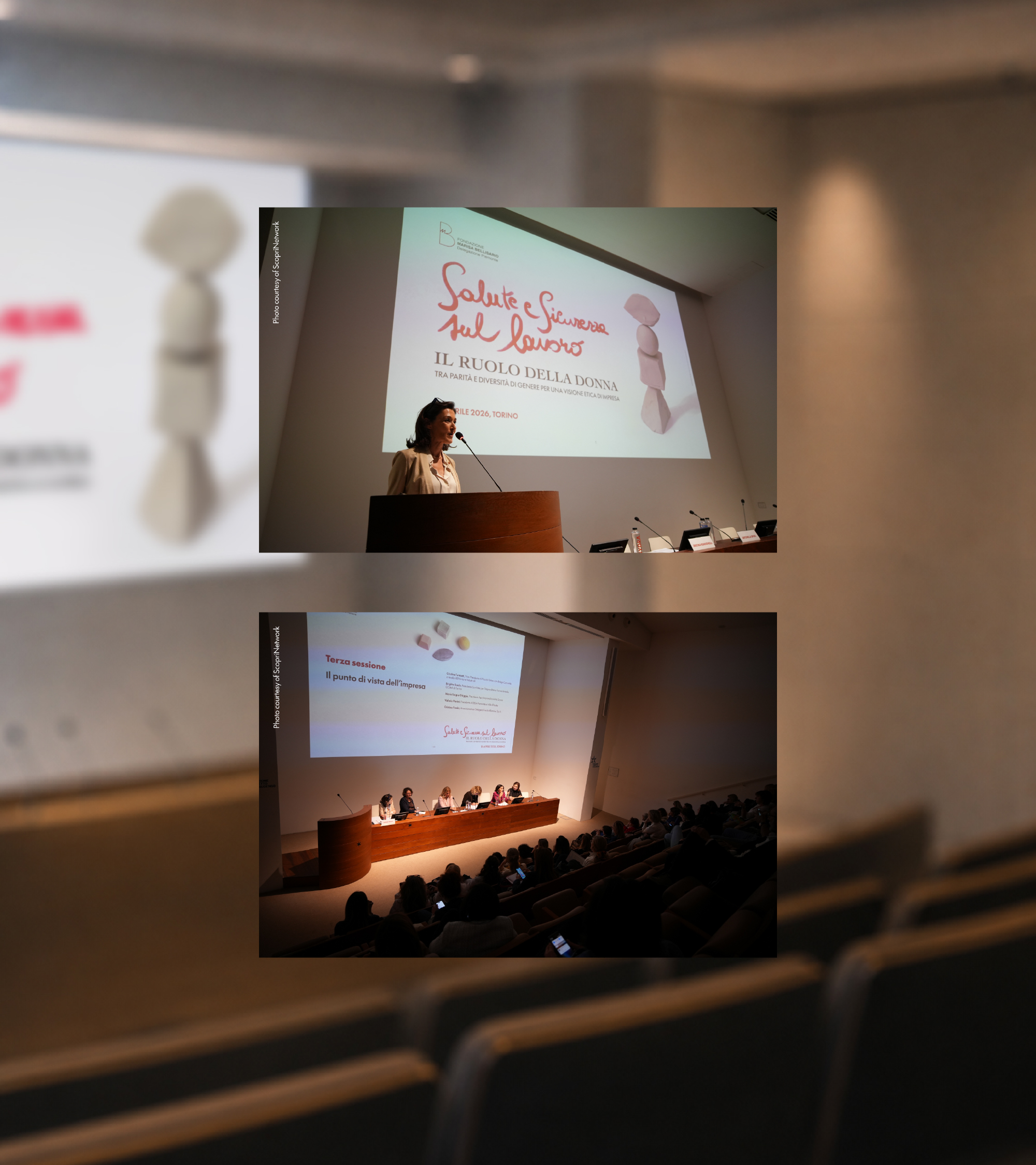 Slide del convegno proiettate in auditorium con relatrice, pubblico e sistema visivo coordinato della brand identity.
