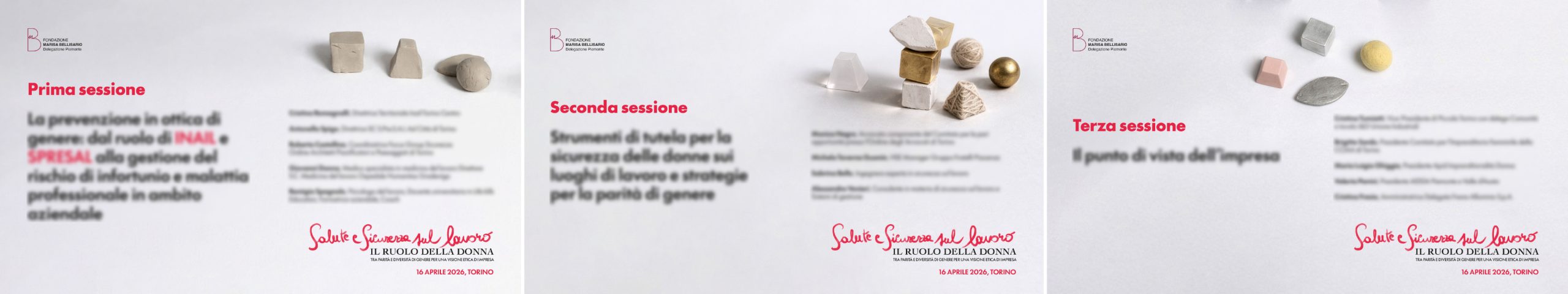 Serie di slide di sessione per il convegno con sfondo chiaro, titoli rossi, sculture in argilla e layout coordinato.