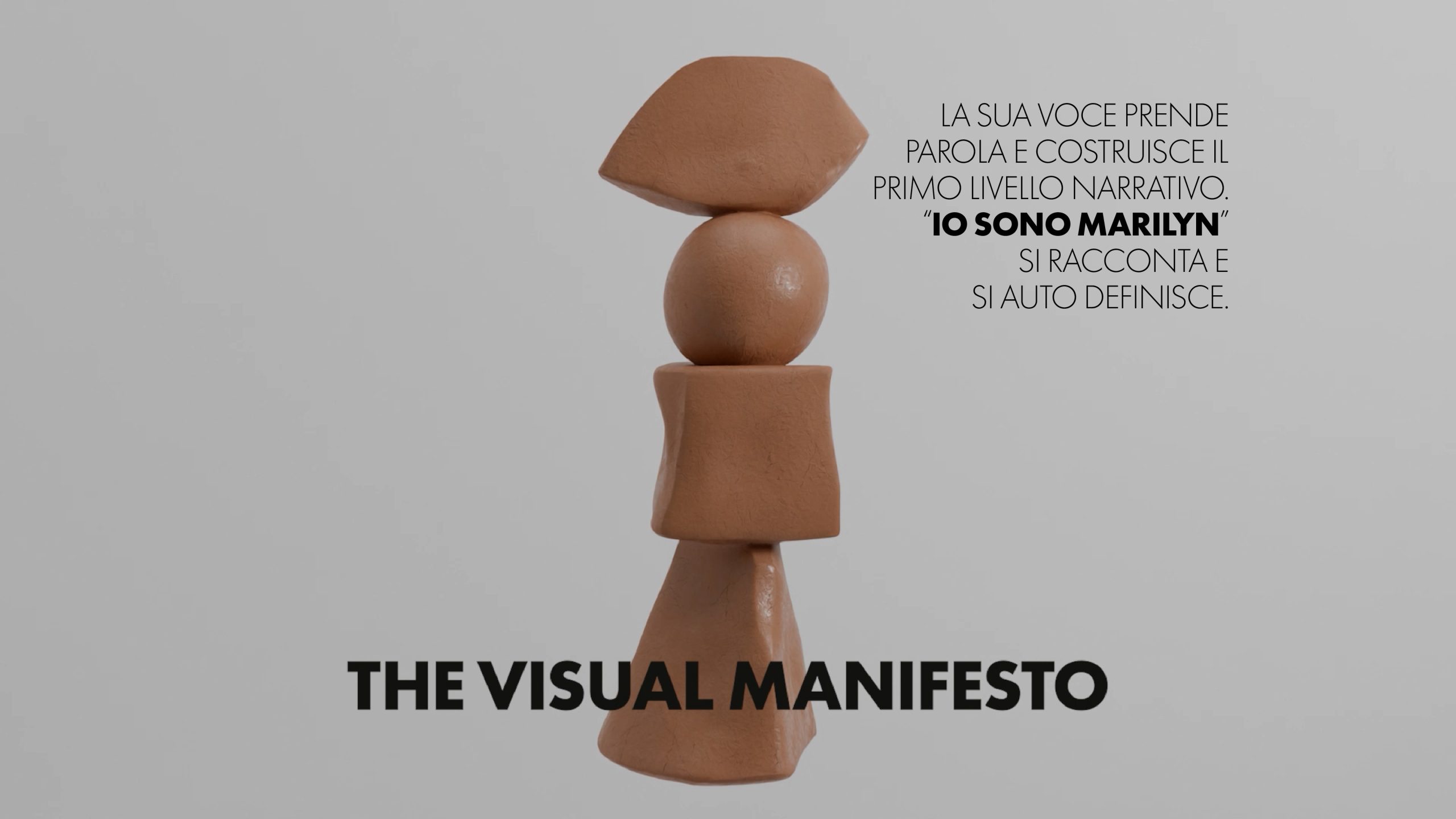 Anteprima video manifesto con scultura che parla in argilla, testo narrativo e titolo The Visual Manifesto per la brand identity del convegno.