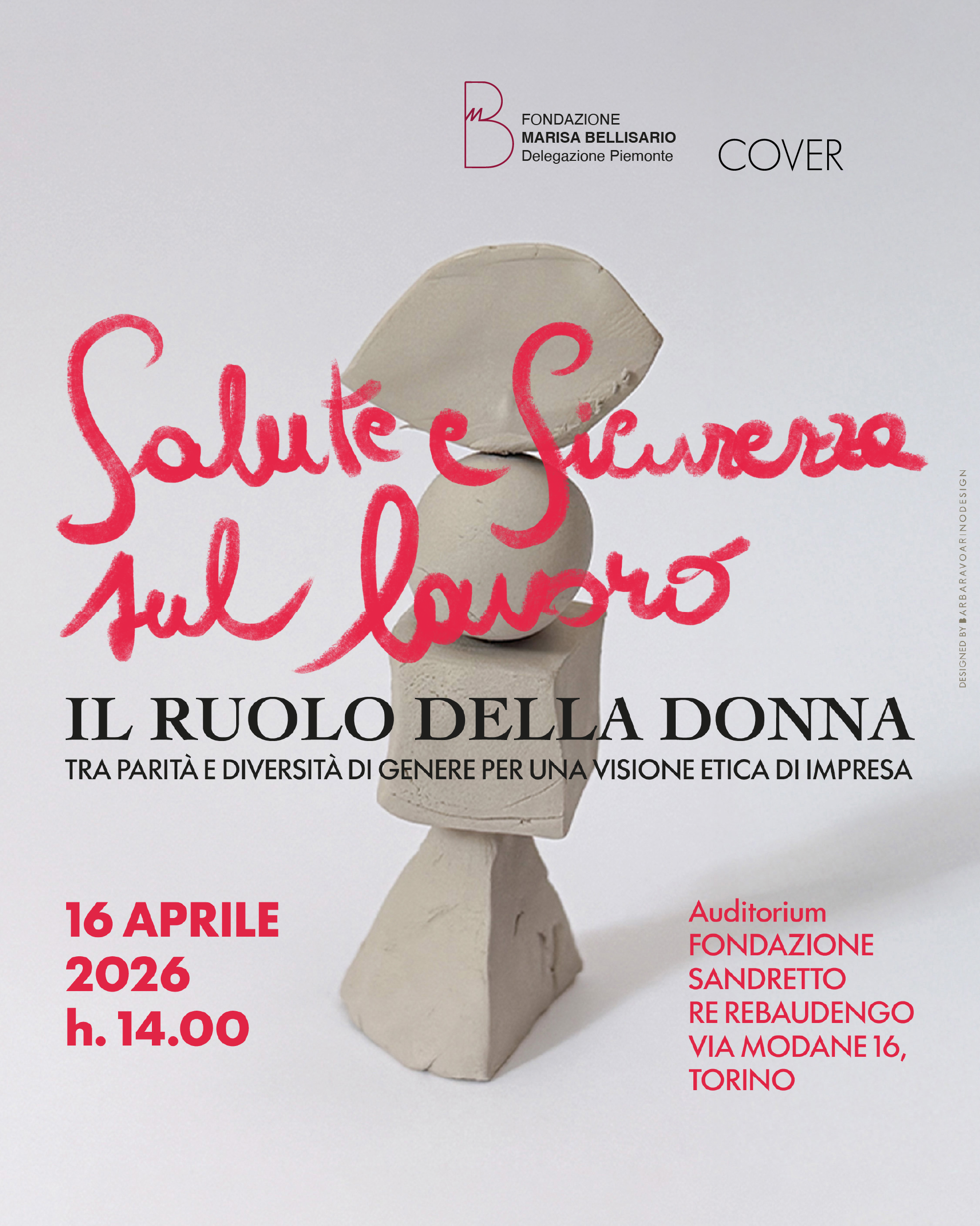 Cover del convegno Salute e Sicurezza sul Lavoro con scultura in argilla, logo Fondazione Marisa Bellisario e scritta calligrafica rossa-mobile