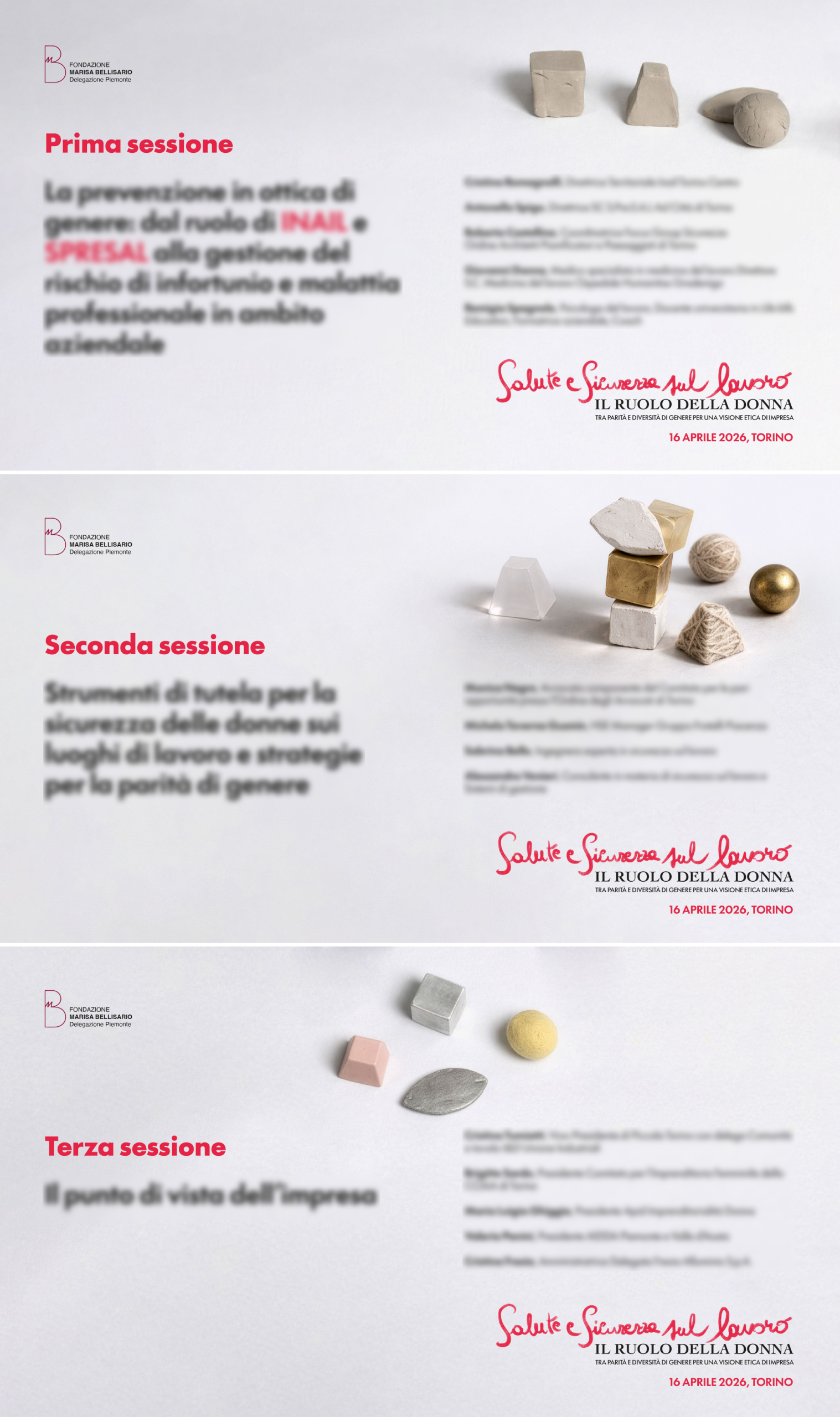 Serie di slide di sessione per il convegno con sfondo chiaro, titoli rossi, sculture in argilla e layout coordinato-mobile