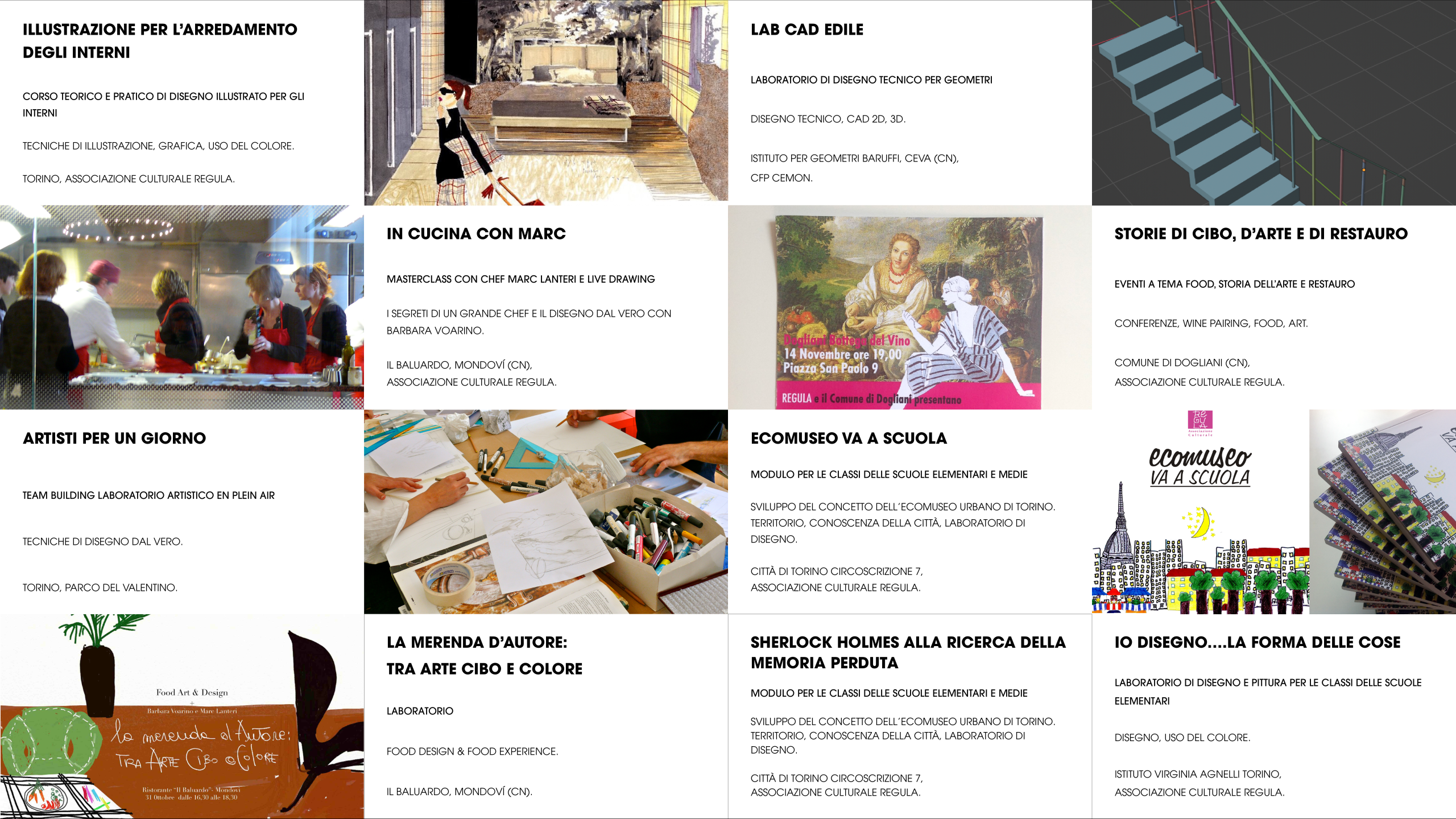 Collage progetti di formazione arte e design: illustrazione per l'arredamento, masterclass In Cucina con Marc, laboratori Ecomuseo va a Scuola