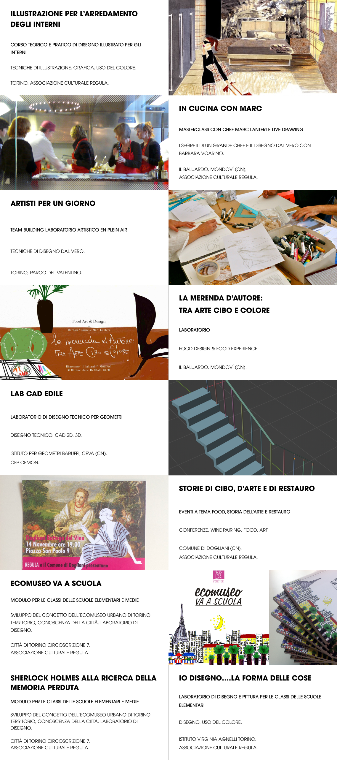 Collage progetti di formazione arte e design: illustrazione per l'arredamento, masterclass In Cucina con Marc, laboratori Ecomuseo va a Scuola